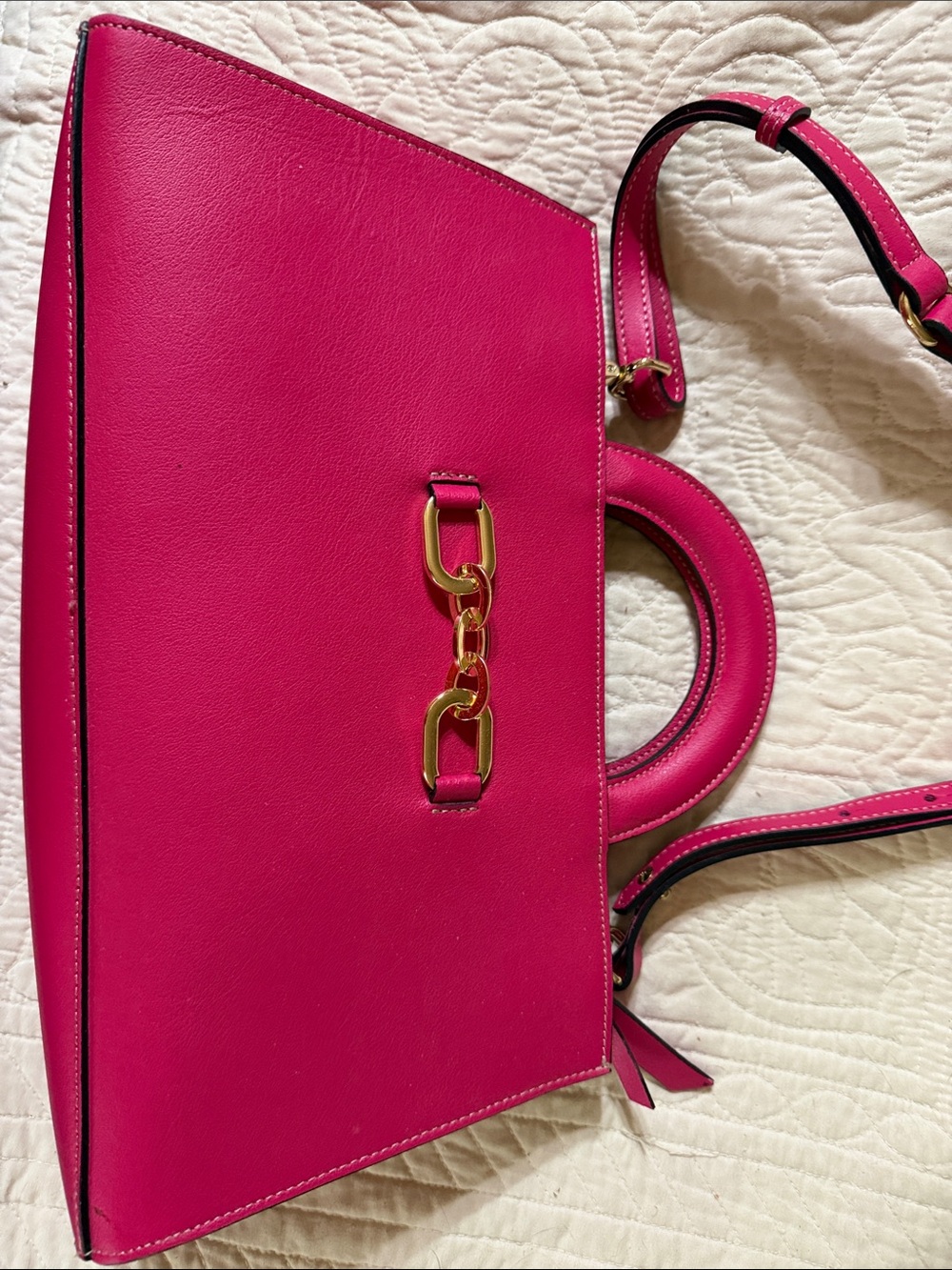 Fuchsia Structured Top-Handle Satchel with Gold Chain Accent